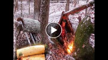 WINTER BUSHCRAFT BUILD NATURAL PRIMITIVE BARK ROOF SHELTER Campfire Cooking in Snow #Shorts
