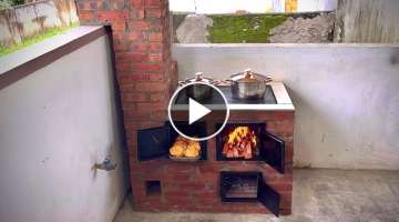 Wood stove with beautiful oven made of a mixture of cement clay and red bricks